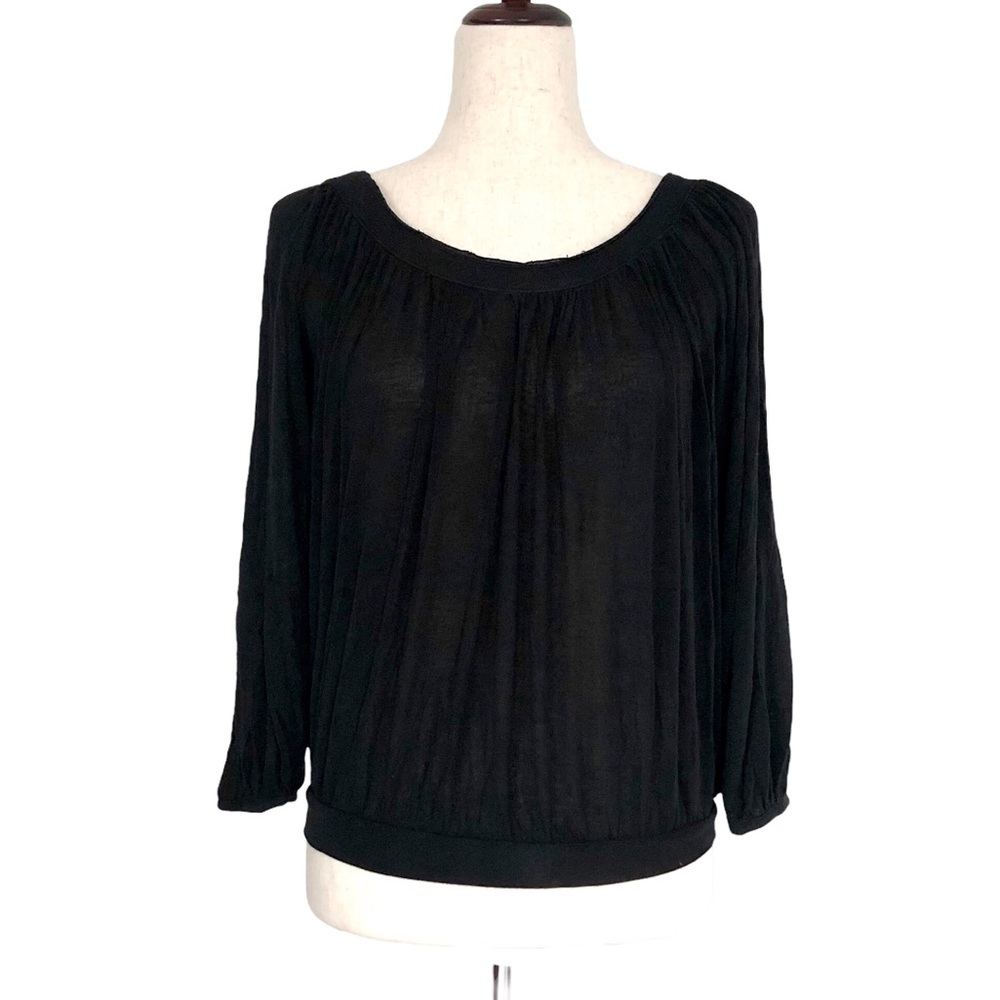 Free People Women’s 3/4 Sleeve Boat Neck Gathered Knit Top, Black Size XS